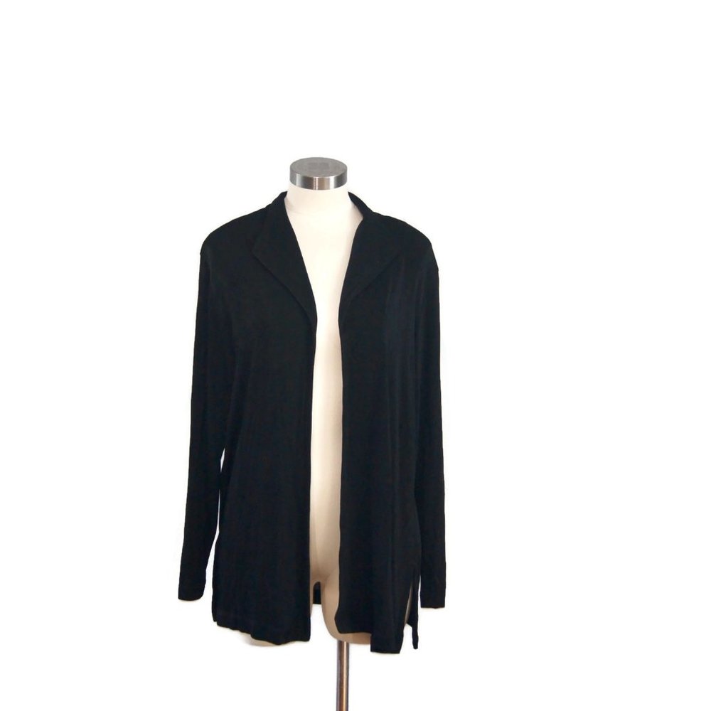 Vintage Chico’s Travelers Open Front Cardigan Black Size 2 Tunic Length Sweater